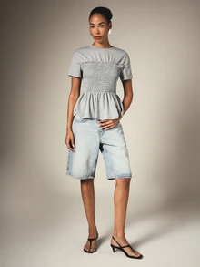 KSTM Ruched Bodice Peplum T-Shirt With Smocked Waist Crew Neck Short Sleeve Flared Hem Casual Top - Grey - View 5