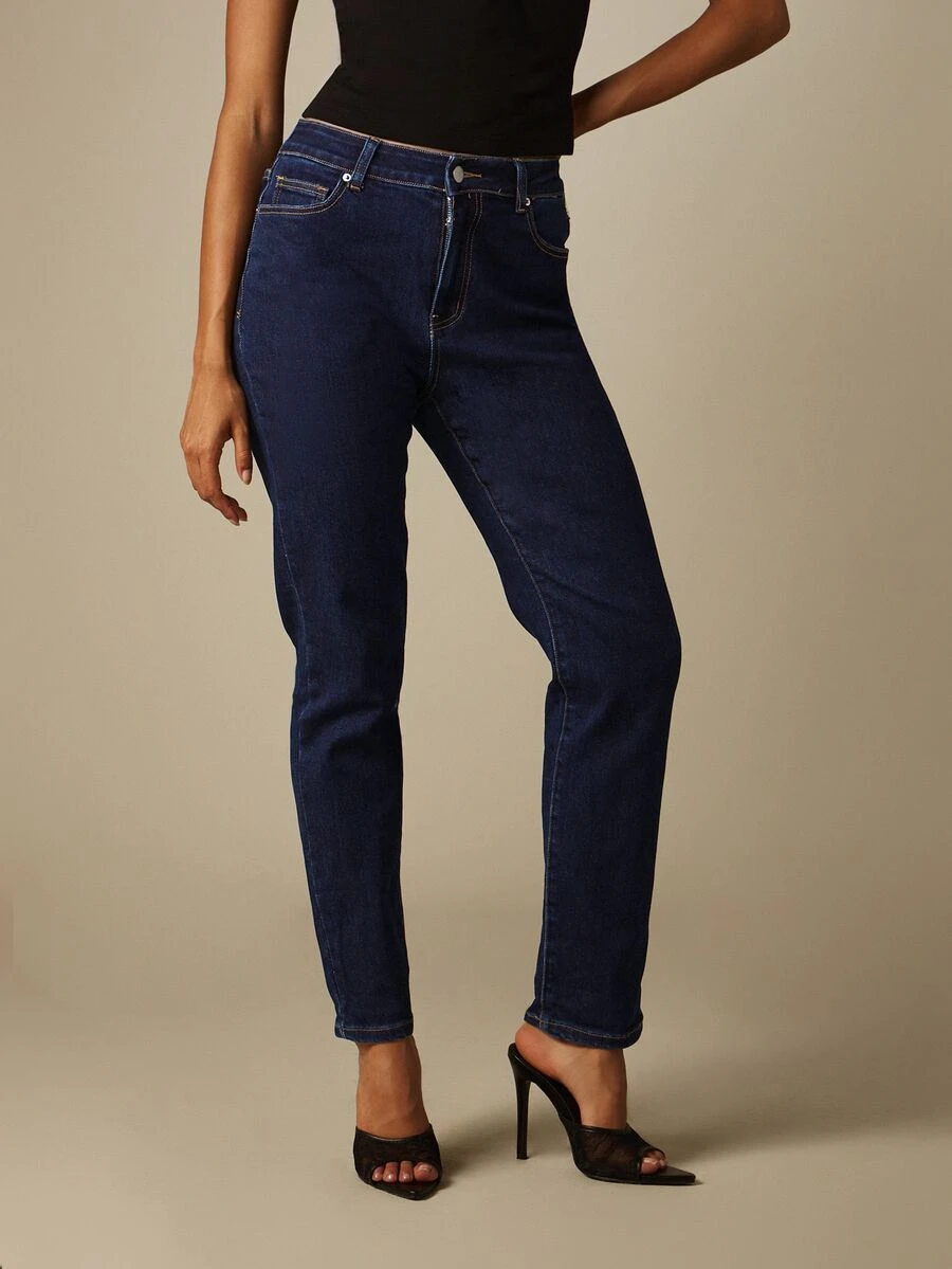 MISSGUIDED High Rise 90S Slim Leg Jeans Dark Wash Straight Cut Classic Five Pocket Retro Style Ankle Length Denim - Dark Wash - View 1
