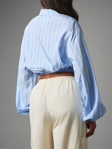 MISSGUIDED Striped Zip-Front Cropped Shirt With Balloon Sleeves Collared Woven Blouse Spring Summer Casual Chic Top - Blue and White - View 6