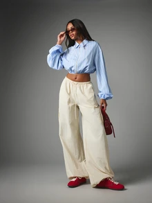 MISSGUIDED Striped Zip-Front Cropped Shirt With Balloon Sleeves Collared Woven Blouse Spring Summer Casual Chic Top - Blue and White - View 3
