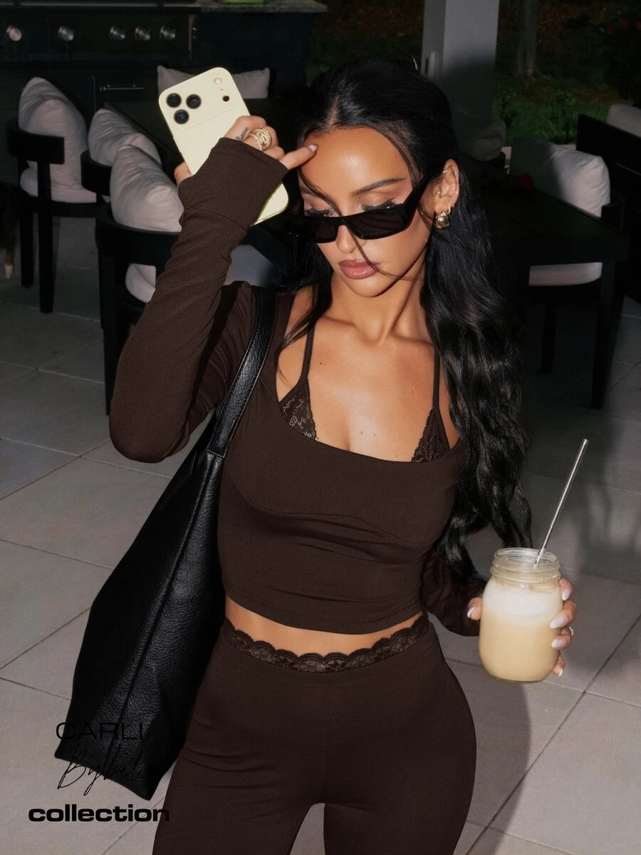 MISSGUIDED X Carli Bybel Capri Legging And Layered Lace Scoop Neck Long Sleeve Crop Top Co-Ord Set With Lace Trim Detail - Chocolate Brown - View 1