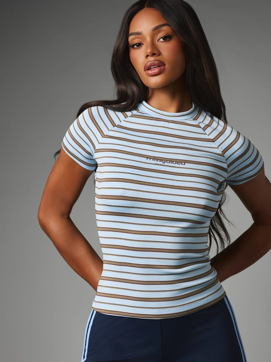 MISSGUIDED Striped Slim Fit Tee With High Neck Raglan Short Sleeves And Brand Logo Print - Multicolor - View 1