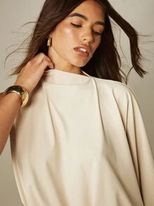 MISSGUIDED Elegant One-Sleeve High Neck Draped Blousson Top With Batwing Sleeve And Ruched Hem Detail - Light Yellow - View 5
