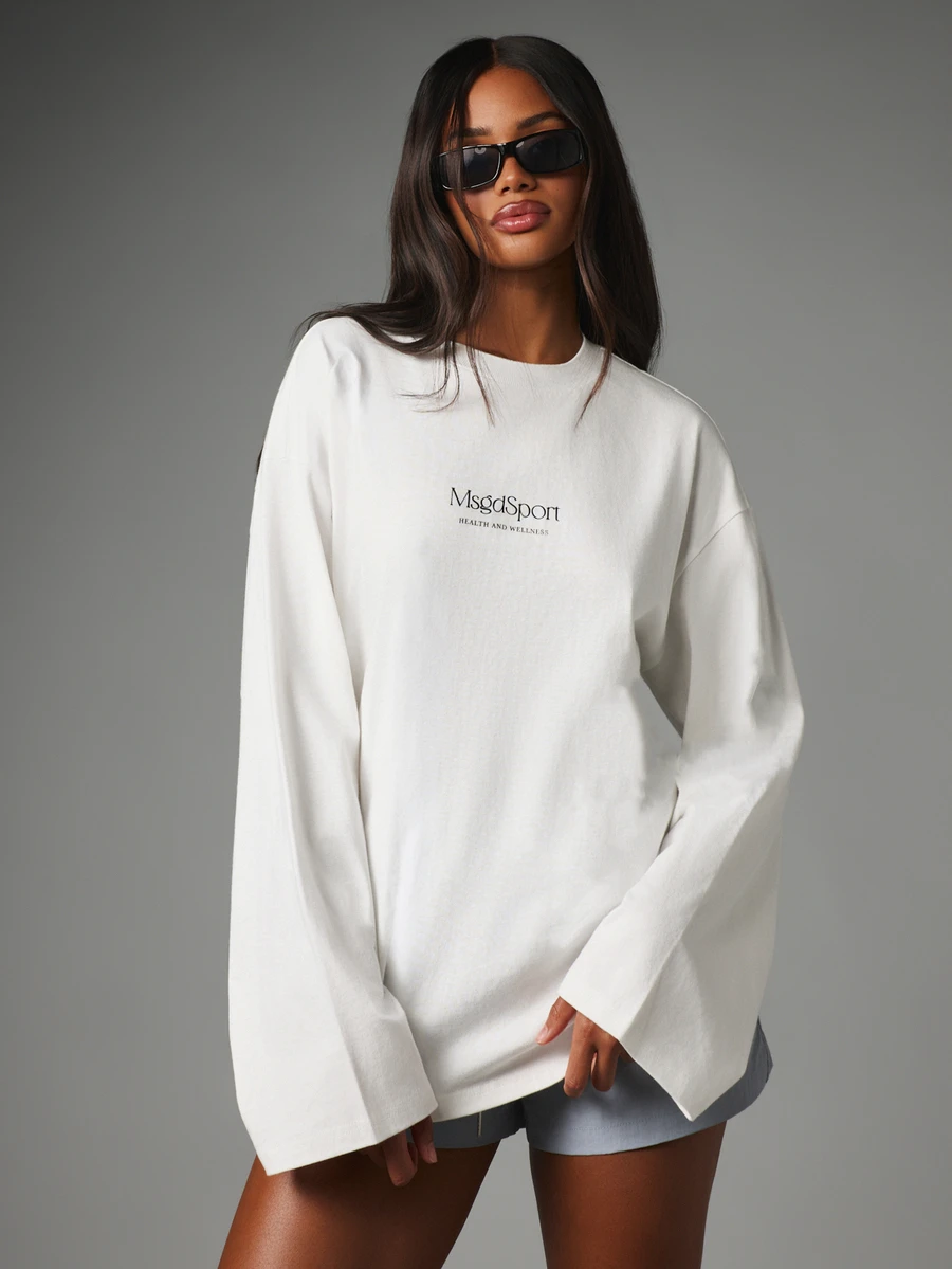 MISSGUIDED MsgdSport 健康與福祉 Logo 印花圓領寬鬆版長袖 T-shirt 休閒舒適上衣 - 白色 - 查看 1