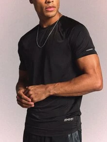 SUMWON Raglan Fitted Crew Neck Short Sleeve Sports Tee With Reflective Detail And Brand Logo Print - Black - View 1
