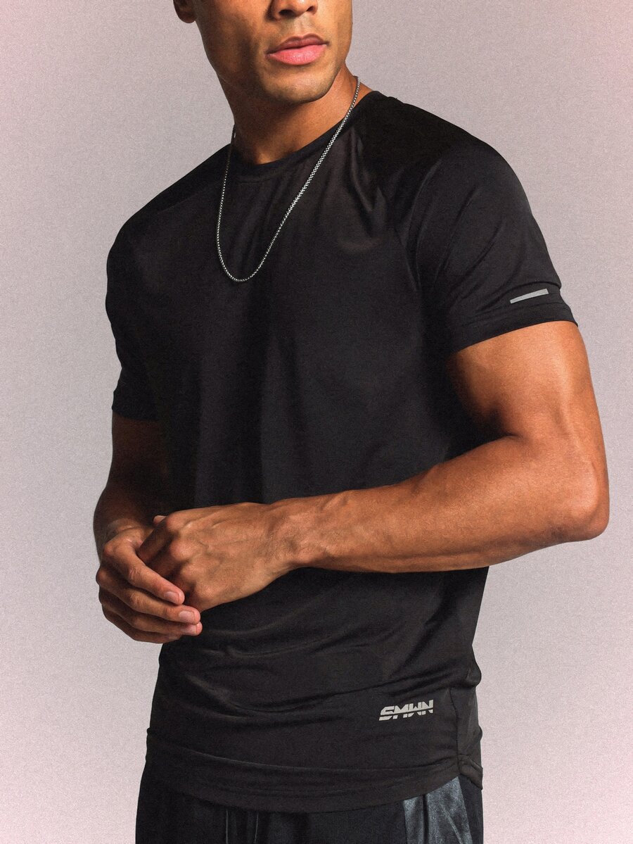 SUMWON Raglan Fitted Crew Neck Short Sleeve Sports Tee With Reflective Detail And Brand Logo Print - Black - View 1