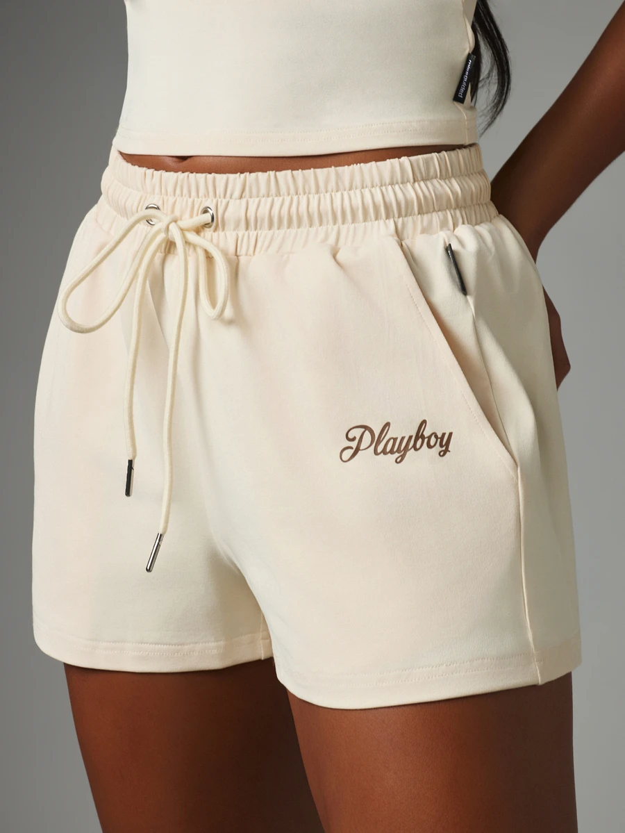 Missguided x Playboy Script Logo Embroidered Jogger Shorts With Elastic Drawstring Waist And Side Pockets Summer Casual - Apricot - View 1