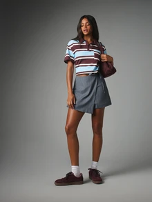 MISSGUIDED 細條紋綁腰迷你裙褲，包臀式設計，中腰，休閒日常夏季下著 - 彩色 - 查看 3
