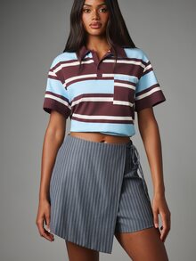 MISSGUIDED 細條紋綁腰迷你裙褲，包臀式設計，中腰，休閒日常夏季下著 - 彩色 - 查看 5