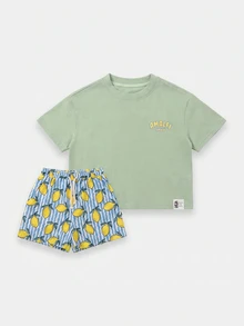 SUMWON Boys Amalfi Lemon Graphic Co-Ord Set With Crew Neck Tee And Striped Lemon Print Shorts Summer Holiday Beach Outfit - Green - View 2