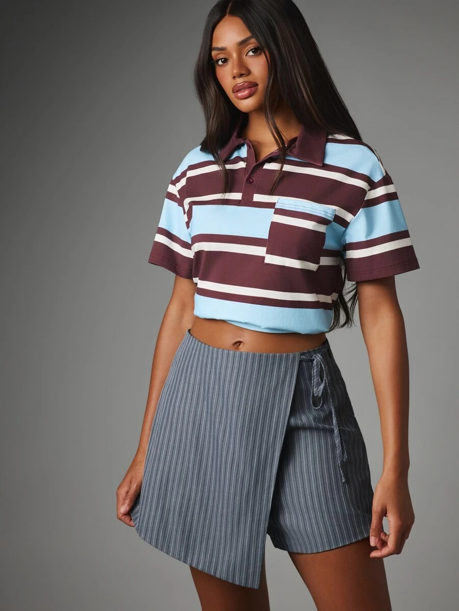 MISSGUIDED 細條紋綁腰迷你裙褲,包臀式設計,中腰,休閒日常夏季下著 - 彩色 - 查看 1