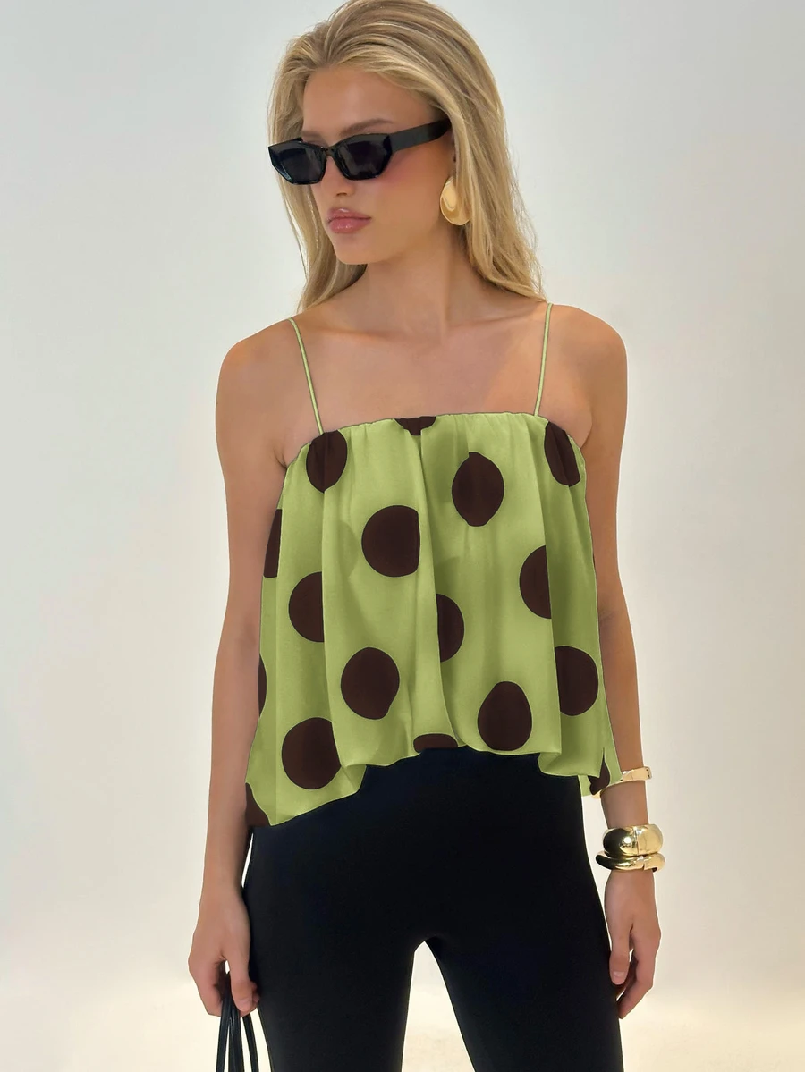 AiiRZ Top de tirantes finos con lunares, fluido, cuello cuadrado y fruncido, estilo chic para vacaciones de verano - Verde - Ver 1