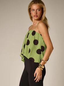 AiiRZ Top de tirantes finos con lunares, fluido, cuello cuadrado y fruncido, estilo chic para vacaciones de verano - Verde - Ver 6