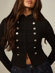 MISSGUIDED Military Style Double-Breasted Button Detail Knit Cardigan Top With Scallop Neckline Long Sleeves - Black - View 5