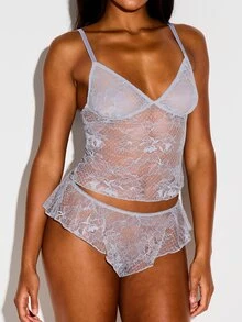 KIZN Floral Lace Cami Top And Ruffle Boyshort Panty Set Sheer Intimate Lingerie Two-Piece Co-Ord - Grey - View 4