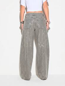 KIZN Rhinestone Embellished Wide Leg Jeans Low Rise Sand Washed Denim Sparkling Crystal Hotfix Trouser Party Festival - Grey - View 4
