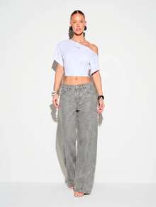 KIZN Rhinestone Embellished Wide Leg Jeans Low Rise Sand Washed Denim Sparkling Crystal Hotfix Trouser Party Festival - Grey - View 1