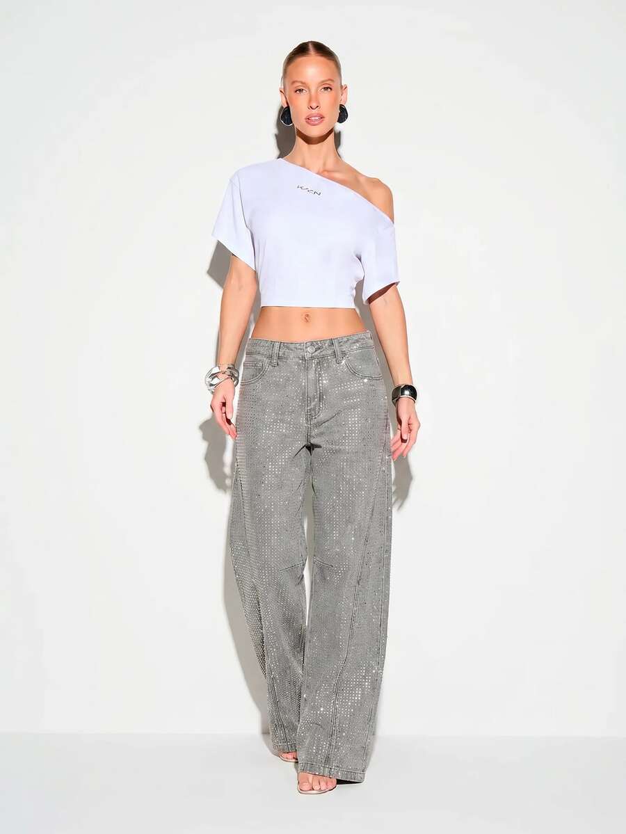 KIZN Rhinestone Embellished Wide Leg Jeans Low Rise Sand Washed Denim Sparkling Crystal Hotfix Trouser Party Festival - Grey - View 1
