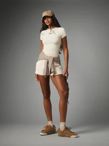 Missguided x Playboy Logo Script Fitted Slim Fit Tee Crop Top With Crew Neck And Short Sleeves Casual Everyday Style - Apricot - View 3