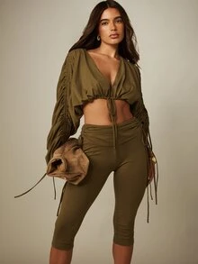 MISSGUIDED 低腰抓皺綁帶七分緊身褲，附摺疊腰頭與抽繩設計，適合休閒日常穿著 - 橄欖綠 - 查看 4