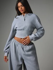 MISSGUIDED Setelan Sweatshirt Crop Oversized dan Jogger Kaki Lebar dengan Kerah Berlekuk Kancing Jepret dan Lengan Balon - Light Grey - View 4