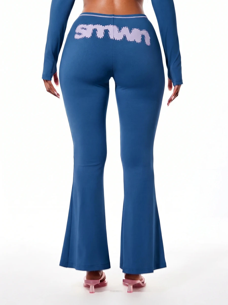 SUMWON WOMEN Flared Leggings With Contrast Topstitch Waistband And Graphic Logo Print Back Panel - Blue - View 1