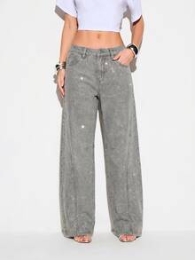 KIZN Rhinestone Embellished Wide Leg Jeans Low Rise Sand Washed Denim Sparkling Crystal Hotfix Trouser Party Festival - Grey - View 3