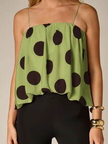 AiiRZ Top de tirantes finos con lunares, fluido, cuello cuadrado y fruncido, estilo chic para vacaciones de verano - Verde - Ver 2