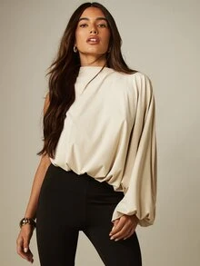MISSGUIDED Elegant One-Sleeve High Neck Draped Blousson Top With Batwing Sleeve And Ruched Hem Detail - Light Yellow - View 1
