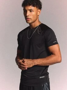 SUMWON Raglan Fitted Crew Neck Short Sleeve Sports Tee With Reflective Detail And Brand Logo Print - Black - View 2