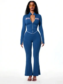 SUMWON WOMEN Flared Leggings With Contrast Topstitch Waistband And Graphic Logo Print Back Panel - Blue - View 3
