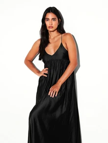 KSTM Strappy V-Neck Maxi Dress With Empire Waist Gathered Satin-Look Flowy Skirt Summer Evening Occasion Wear - Black - View 4