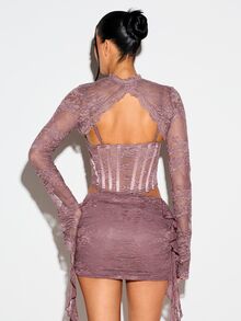 KIZN Lace Corseted Long Sleeve Crop Top With Cut-Out Detail High Neck Bell Sleeves Floral Lace Overlay Party Night Out - Purple - View 2