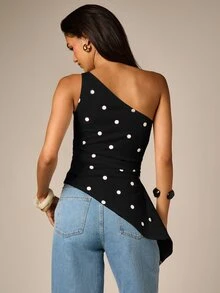 AiiRZ One Shoulder Black And White Polka Dot Peplum Top With Asymmetric Hem And Ruched Waist Detail Brunch Summer French Elegant - Black and White - View 2