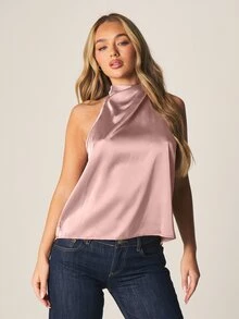 MISSGUIDED 緞面掛脖上衣，扭轉垂墜領口設計，無袖露背優雅晚裝襯衫 - 粉色 - 查看 4