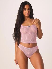 MISSGUIDED MSGD 花卉蕾絲透視內衣內褲套裝，附波浪邊飾與品牌細節，情人節適用 - 粉色 - 查看 3