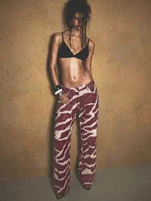 KIZN Zebra Print Wide Leg Jeans With Hotfix Embellishments Low Rise Denim Pants Animal Print Trousers - Burgundy - View 6