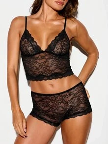 KIZN Floral Lace Bralette Crop Top With Adjustable Spaghetti Straps Sheer See-Through Lingerie Sleep Top - Black - View 4