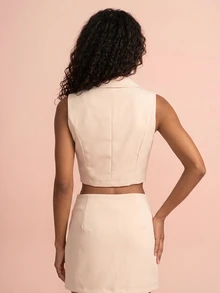 QUIZ Cream Sleeveless Notched Collar Button Front Tailored Vest Top, Party Top, Summer Top, Office Wear For Women, Formal Work Top, Chic Weekend Outfit, Summer Outfits For Women, Holiday Night Outfit, Special Occasion Top - Khaki - View 2