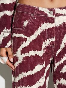 KIZN Zebra Print Wide Leg Jeans With Hotfix Embellishments Low Rise Denim Pants Animal Print Trousers - Burgundy - View 4