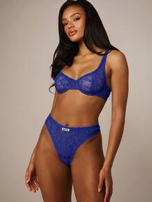 MISSGUIDED MSGD Branded Lace Thong Floral Lace High-Cut Cheeky Underwear With Logo Detail, Perfect For Valentine's Day - Blue - View 2