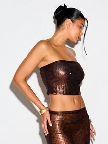 KIZN Metallic Hotfix Rhinestone Strapless Bandeau Crop Top Shimmering Party Night Out Festival Summer - Brown - View 4