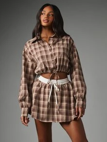 MISSGUIDED 格紋短版鈕扣開襟襯衫，抽繩下擺長袖領口法蘭絨上衣，秋冬款 - 彩色 - 查看 4