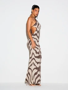 KIZN Metallic Zebra Print Halter Neck Maxi Knit Dress With Open Back Cut-Out Detail And Tie Closure For Evening Party - Multicolor - View 1