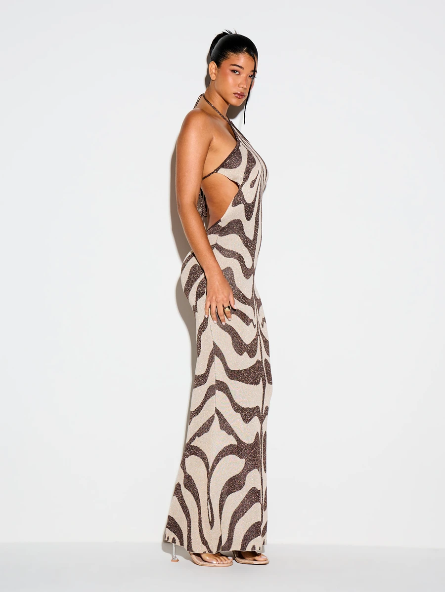 KIZN Metallic Zebra Print Halter Neck Maxi Knit Dress With Open Back Cut-Out Detail And Tie Closure For Evening Party - Multicolor - View 1