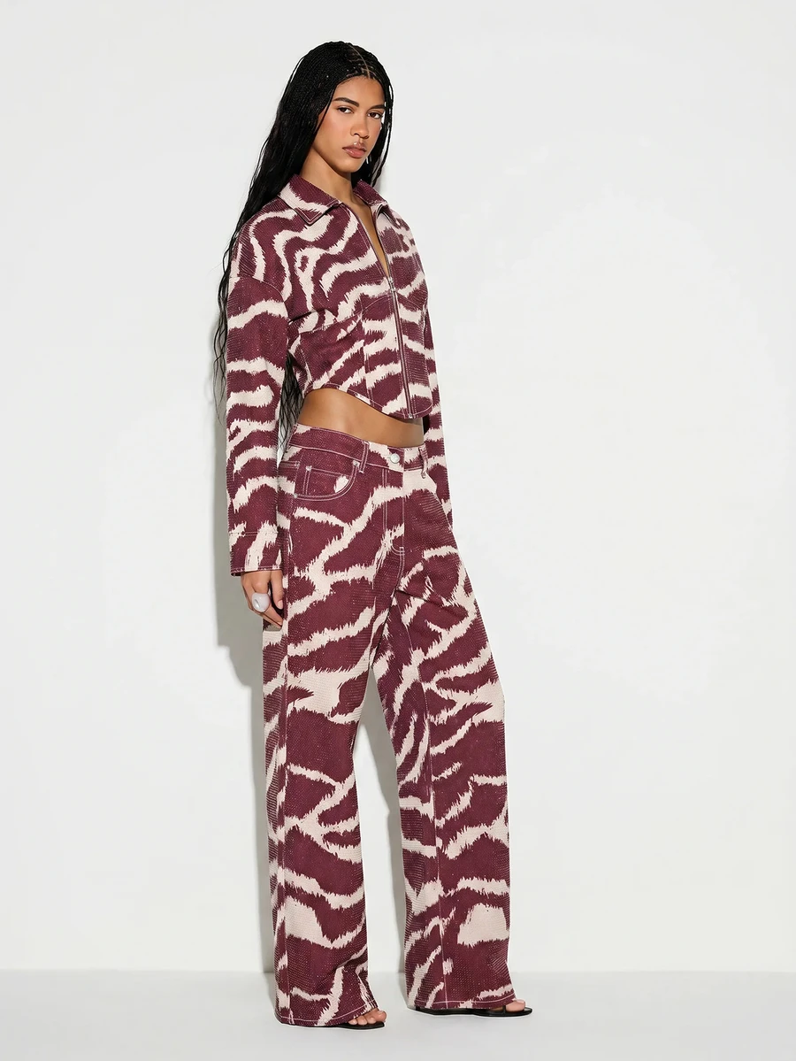 KIZN Zebra Print Wide Leg Jeans With Hotfix Embellishments Low Rise Denim Pants Animal Print Trousers - Burgundy - View 1
