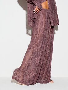 KIZN Floral Lace Wide Leg Trouser With Elastic Waist Semi Sheer Palazzo Style Full Length Pants - Purple - View 5