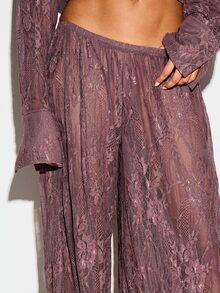 KIZN Floral Lace Wide Leg Trouser With Elastic Waist Semi Sheer Palazzo Style Full Length Pants - Purple - View 4