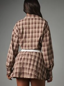 MISSGUIDED 格紋短版鈕扣開襟襯衫，抽繩下擺長袖領口法蘭絨上衣，秋冬款 - 彩色 - 查看 5