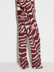 KIZN Zebra Print Wide Leg Jeans With Hotfix Embellishments Low Rise Denim Pants Animal Print Trousers - Burgundy - View 2